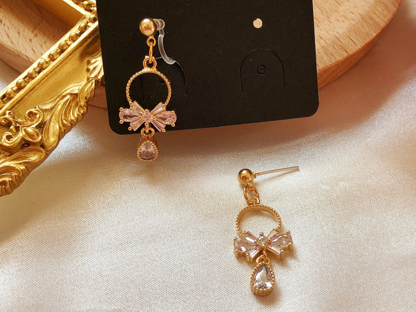 Delicate bow and teardrop stud/ clip on Earrings, dainty women earrings, gift for her