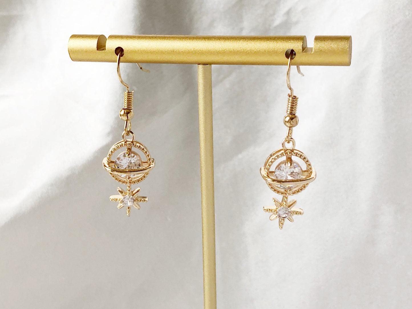 Gold colour Zirconia Saturn and star dangle Earrings, gift for her
