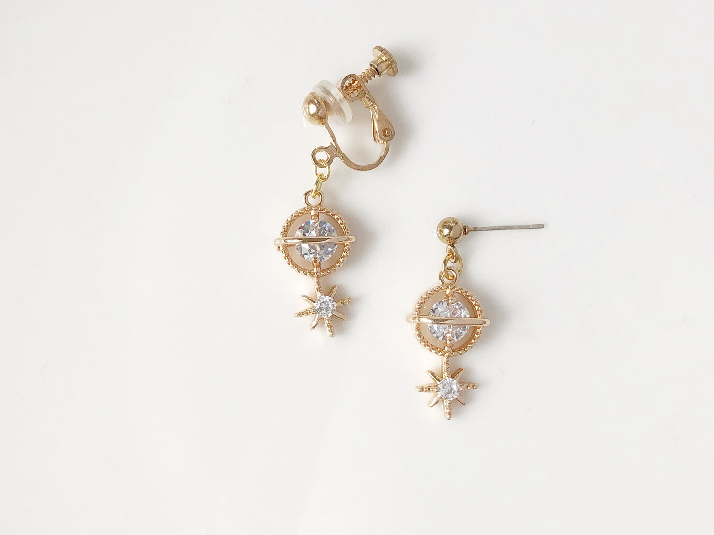 Gold colour Zirconia Saturn and star dangle Earrings, gift for her