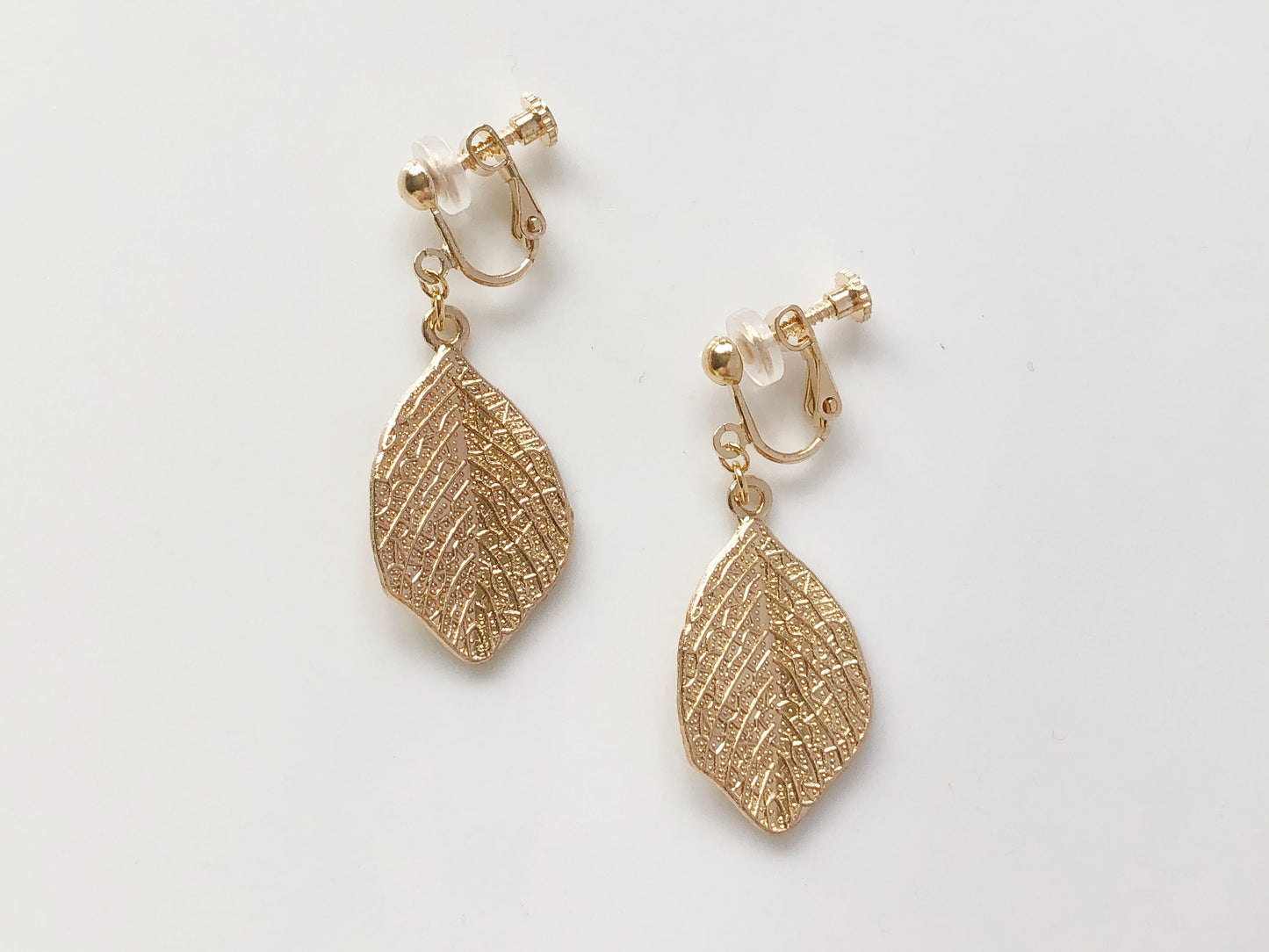 Gold colour leaves clip on/ stud Earrings, Gold plated Dainty dangle pendant, Gift for her