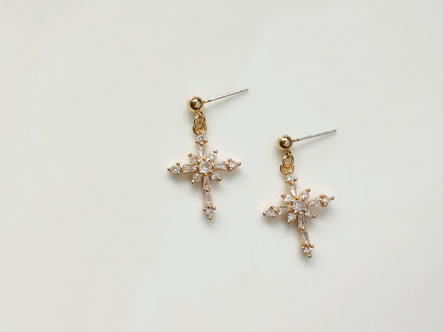 Gold colour Dangle Cross Hook/ clip on Christmas Earrings, Dainty Xmas cross earrings