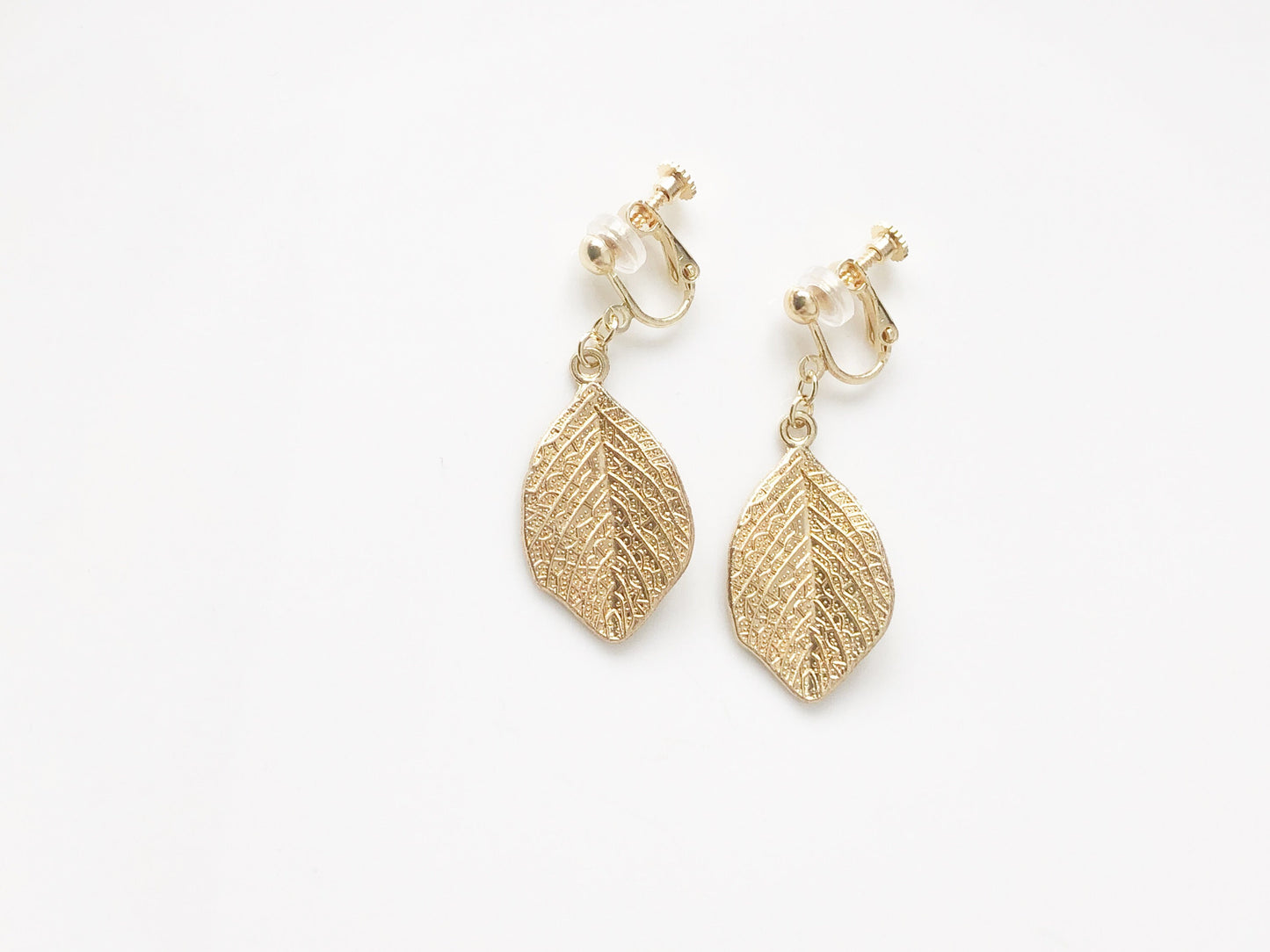 Gold colour leaves clip on/ stud Earrings, Gold plated Dainty dangle pendant, Gift for her