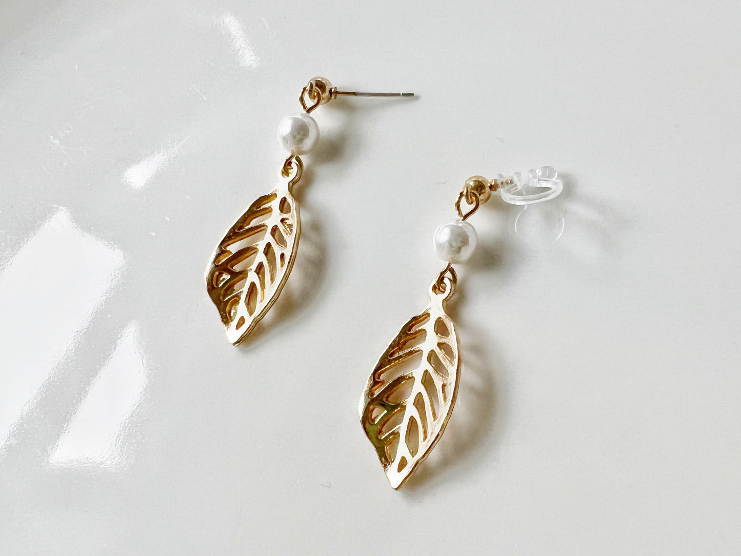 Hollow-out leaves and Faux pearl Clip-on/ stud earrings, Cute handmade gift for her