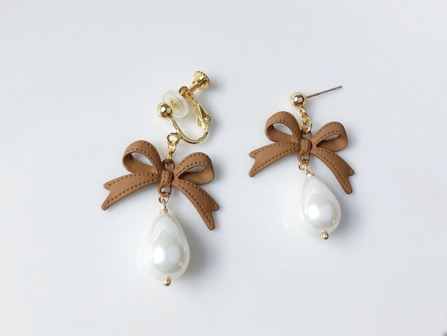 Brown bowknot and Faux teardrop Pearl stud / clip on Earrings, Gift for her