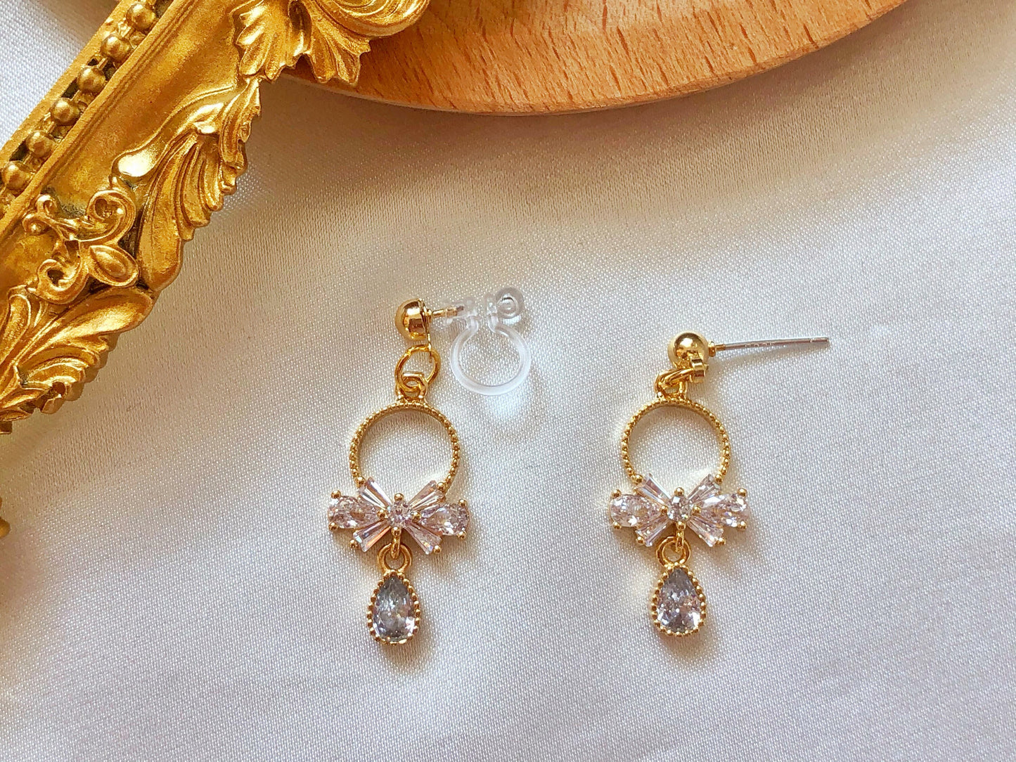 Delicate bow and teardrop stud/ clip on Earrings, dainty women earrings, gift for her