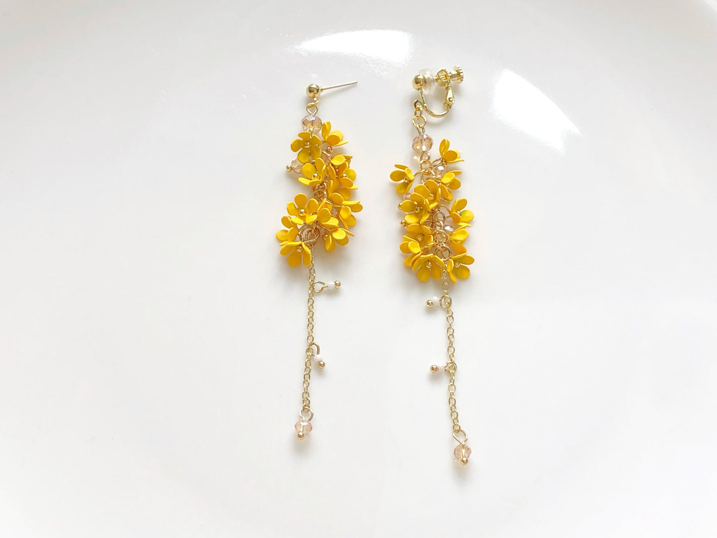 Yellow white pink Floral Dangle Earrings | Clip On or Long Drop | Sweet Osmanthus Jewellery | Gift for Her