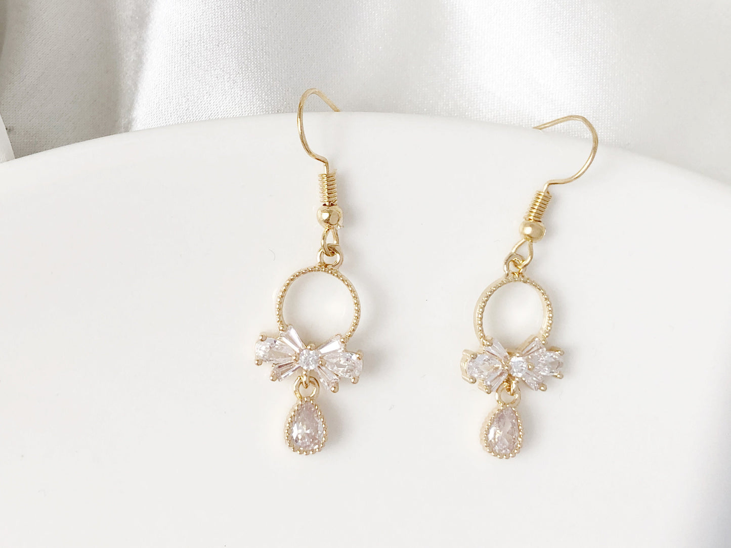 Delicate bow and teardrop stud/ clip on Earrings, dainty women earrings, gift for her