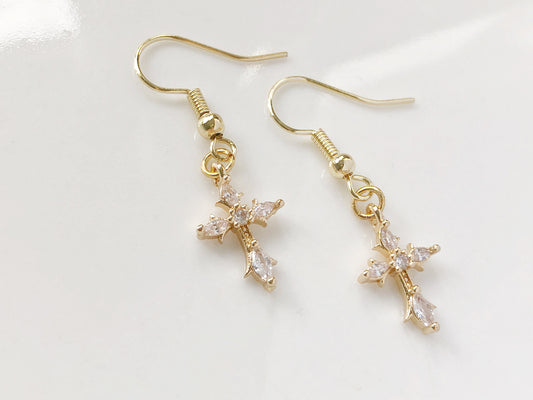 TINY Gold colour Dangle Cross Hook Earrings, Dainty cross earrings