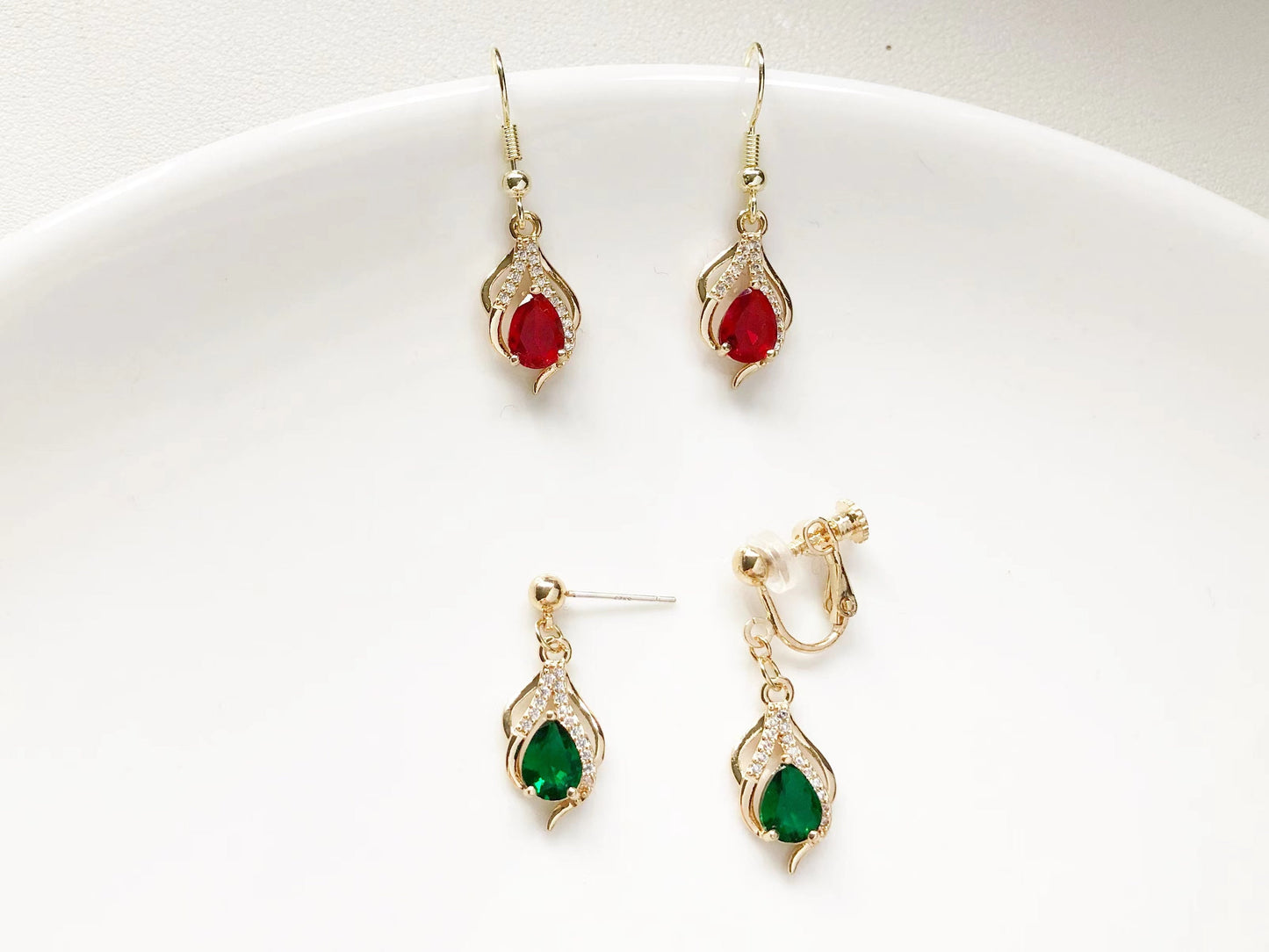 Dainty Green/ red/ White flower pendent Earrings, Delicate dangle jewellery, Gift for her