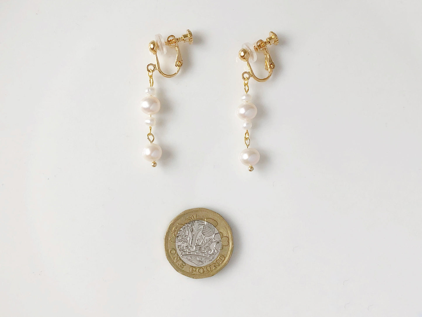 White freshwater pearl drop Stud / Clip on Earrings, Geometric pendant, Gift for her