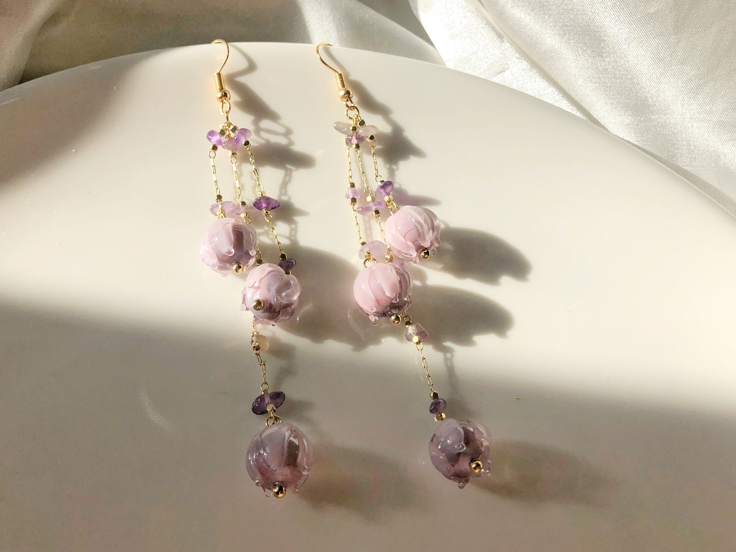 Fancy purple flowers Clip-on/ stud earrings, floral handmade earrings, gift for her