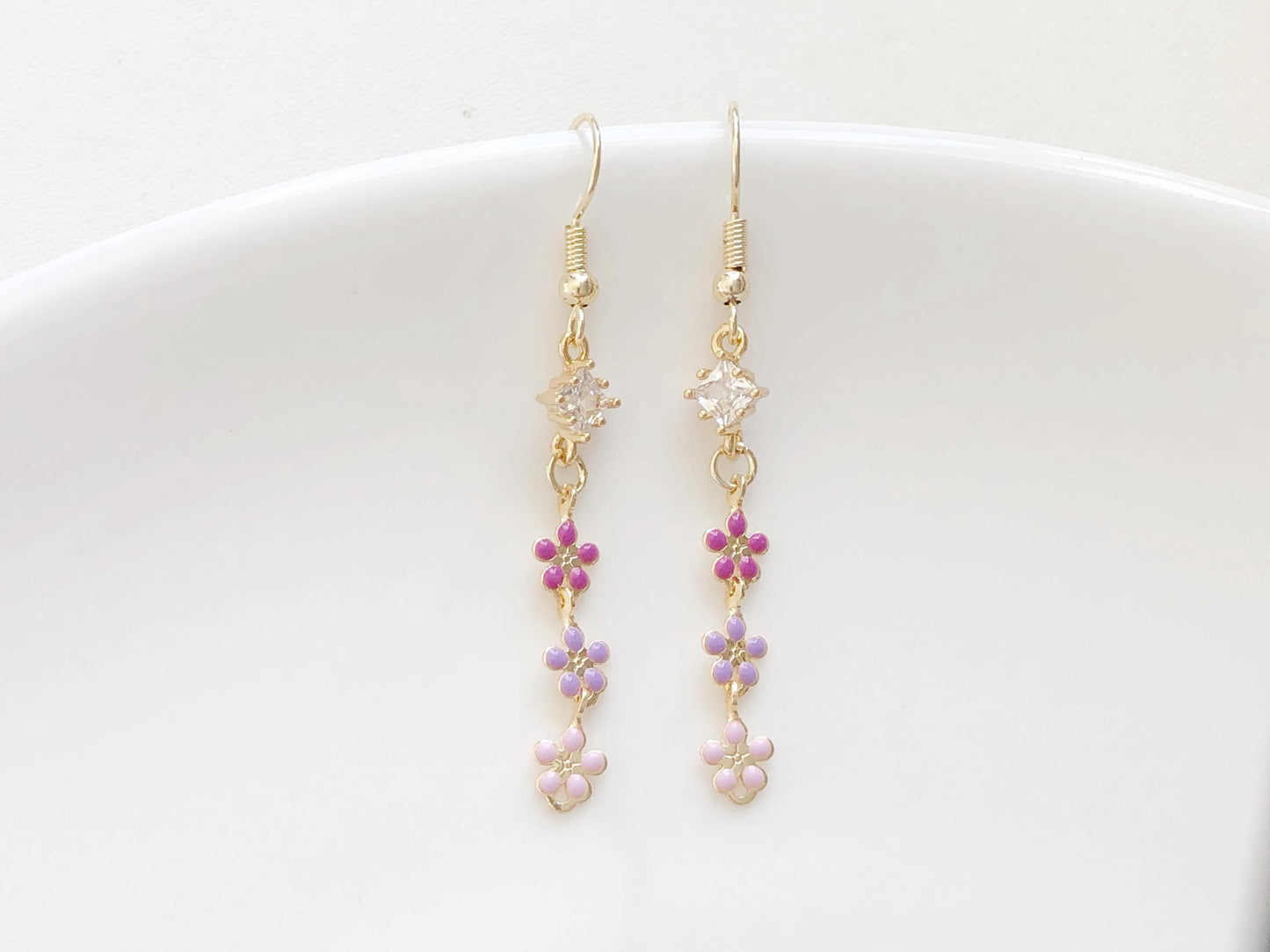 Cute Triple flower Clip-on/ stud earrings, delicate Pink purple blue earrings, handmade gift for her