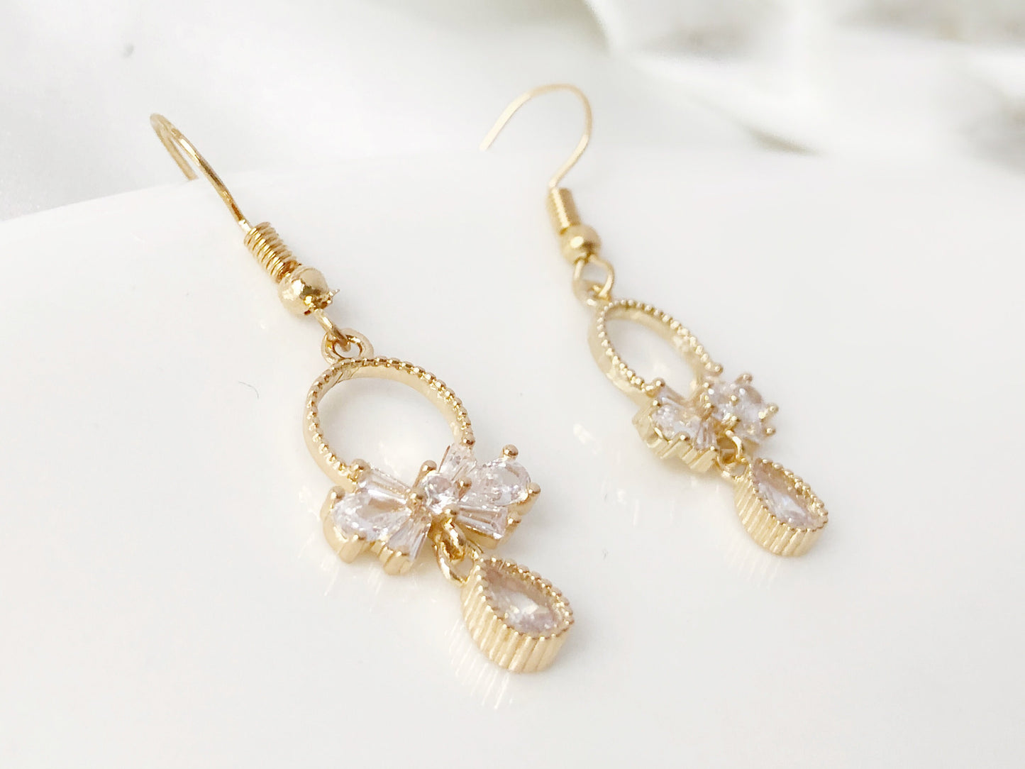 Delicate bow and teardrop stud/ clip on Earrings, dainty women earrings, gift for her