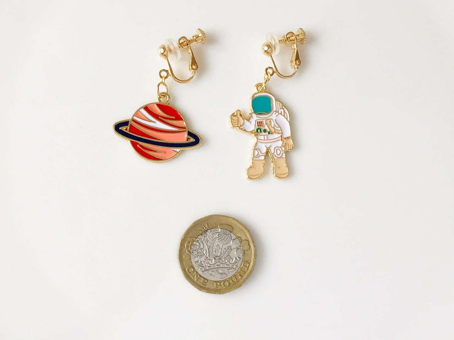 Mismatch Planet and astronaut clip on/stud Earrings, Asymmetrical Saturn Planet and Space Jewellery, gift for her