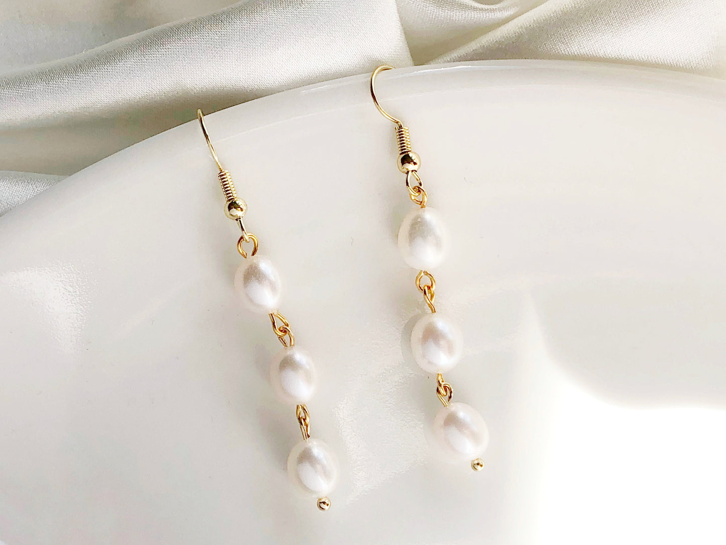 Triple white freshwater oval pearl drop Stud / Clip on Earrings, Geometric pendant, Gift for her
