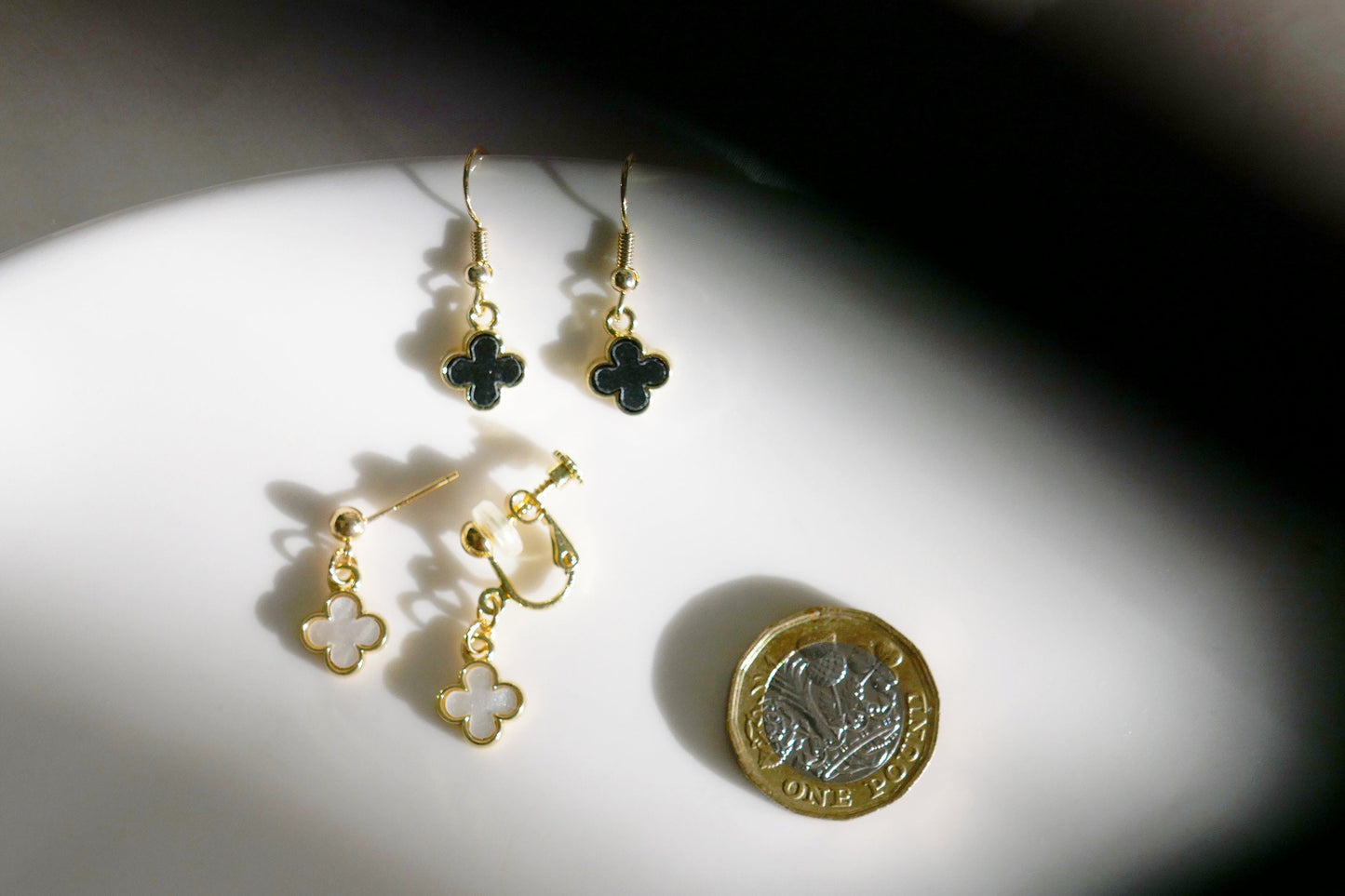White & Black Four Leaf Clover Earrings | Dangle Drop Jewelry | Gift for Her | Handmade Floral Earrings