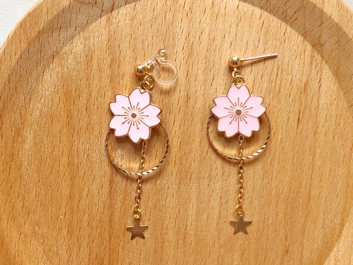 Sakura Cherry Blossom Earrings | Enamel Floral Jewellery | Clip On or Stud | Spring Gift for Her | Non Pierced Option