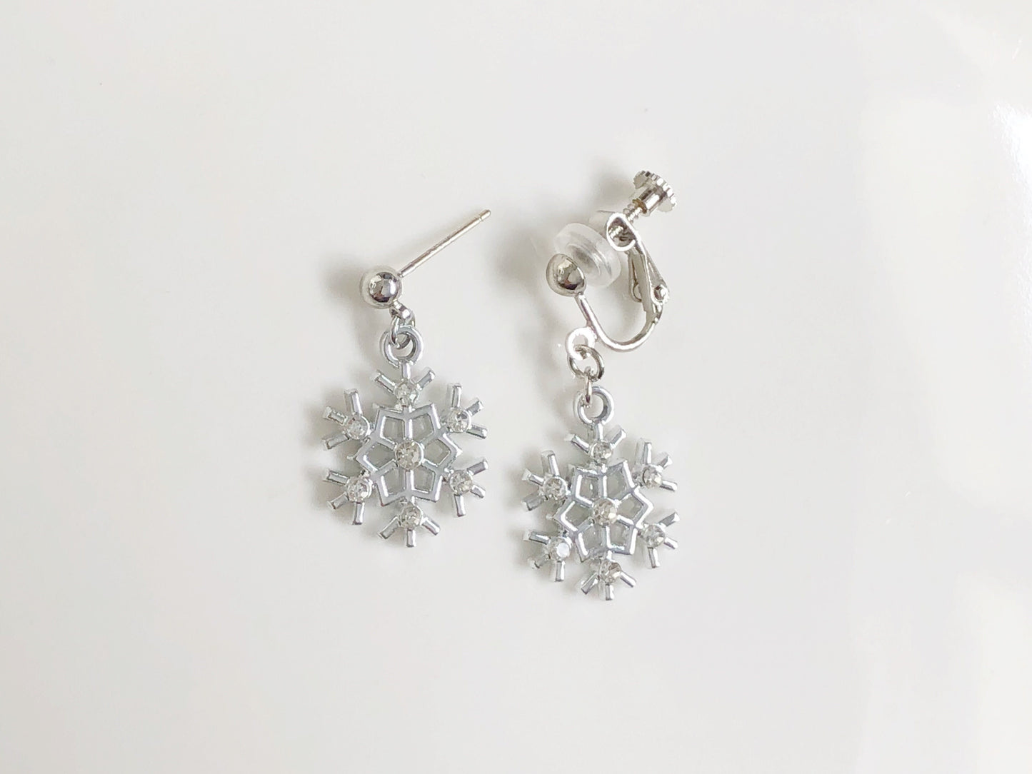 Cute Snowflake Earrings | Silver Winter Dangle | Clip On or Stud | Christmas Gift for Her
