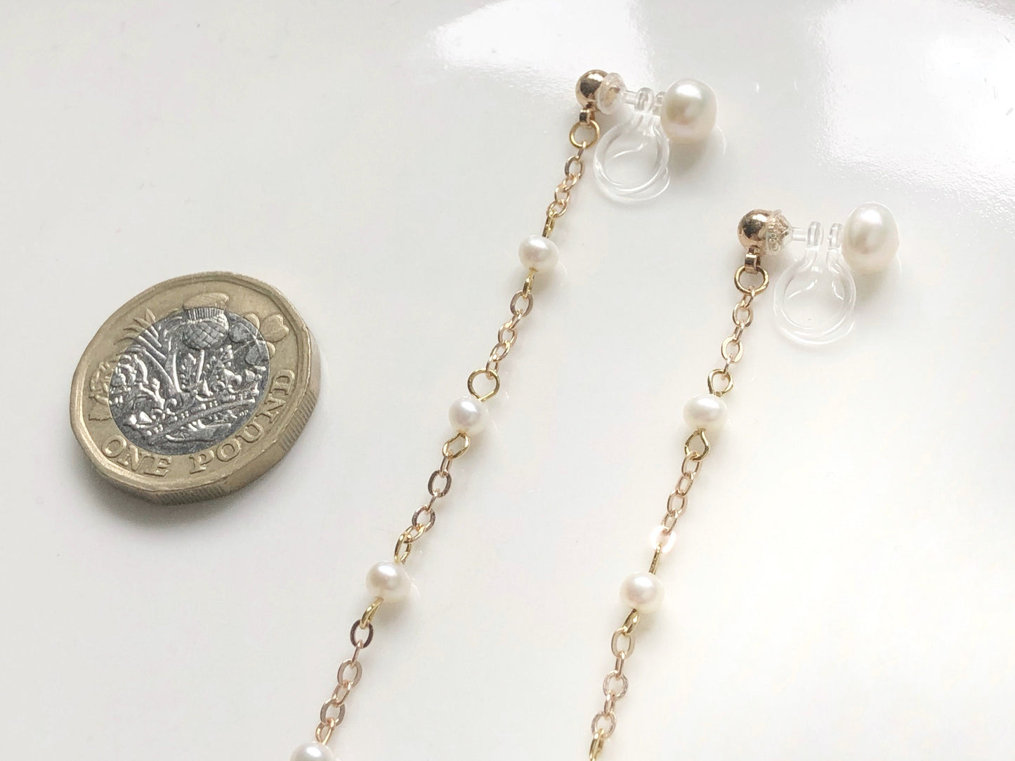 Freshwater Pearl Drop Chain Clip On Earrings | Dainty Long Pearl Earrings | Elegant Non Pierced Jewelry Gift for Her