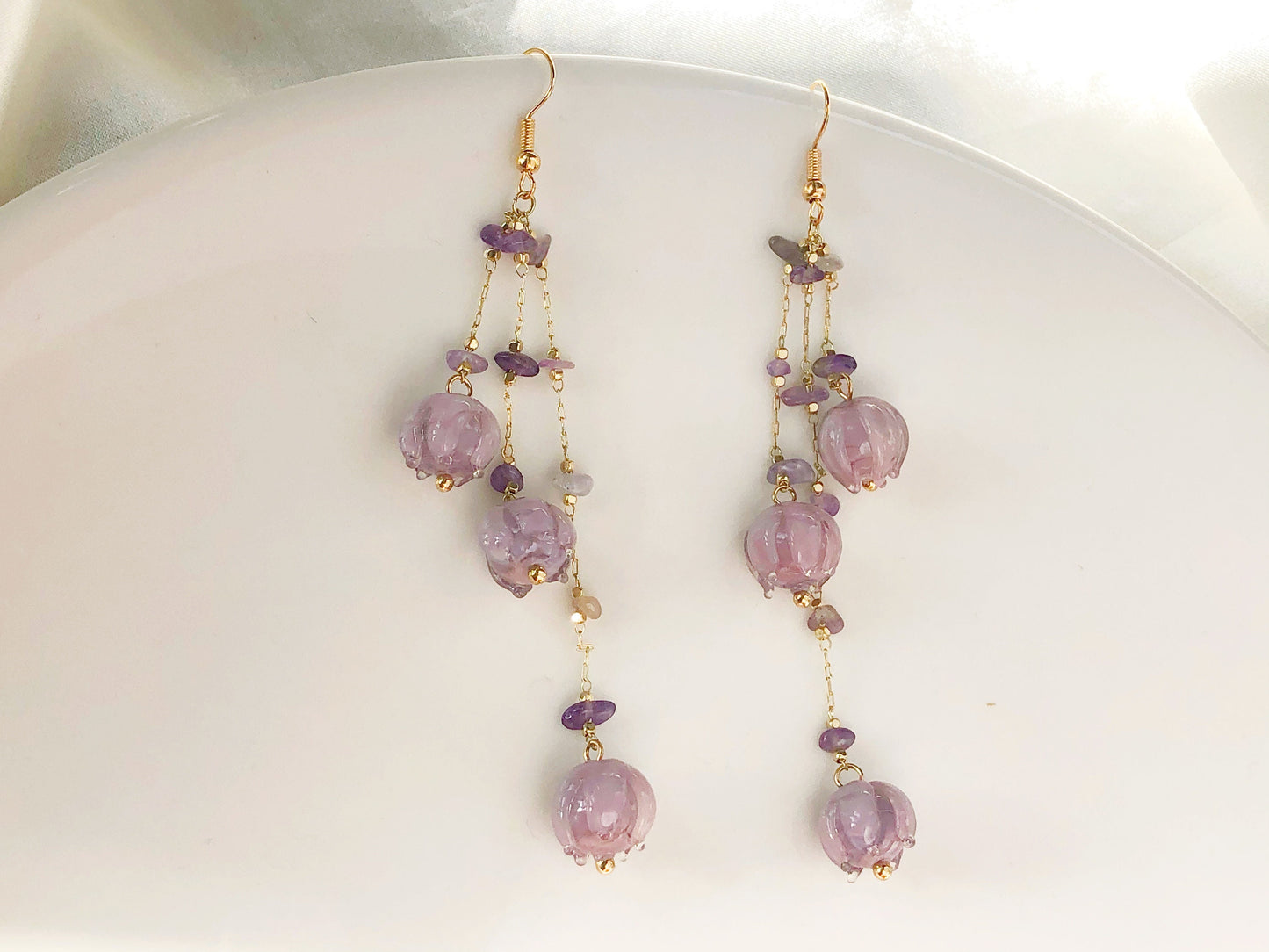 Fancy purple flowers Clip-on/ stud earrings, floral handmade earrings, gift for her