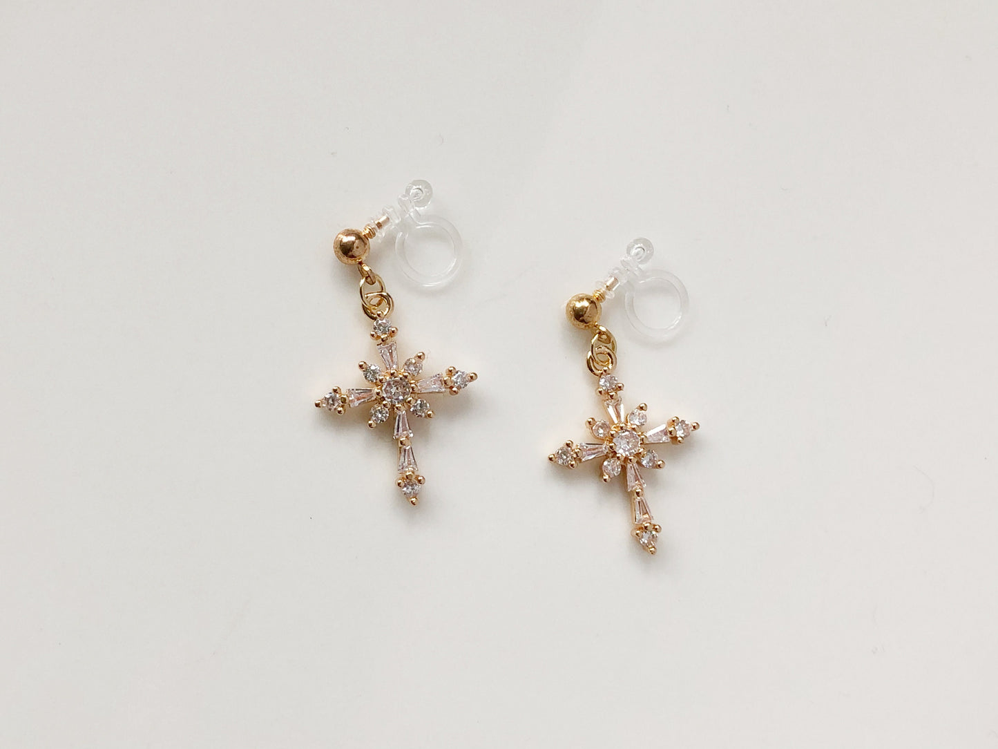 Gold colour Dangle Cross Hook/ clip on Christmas Earrings, Dainty Xmas cross earrings