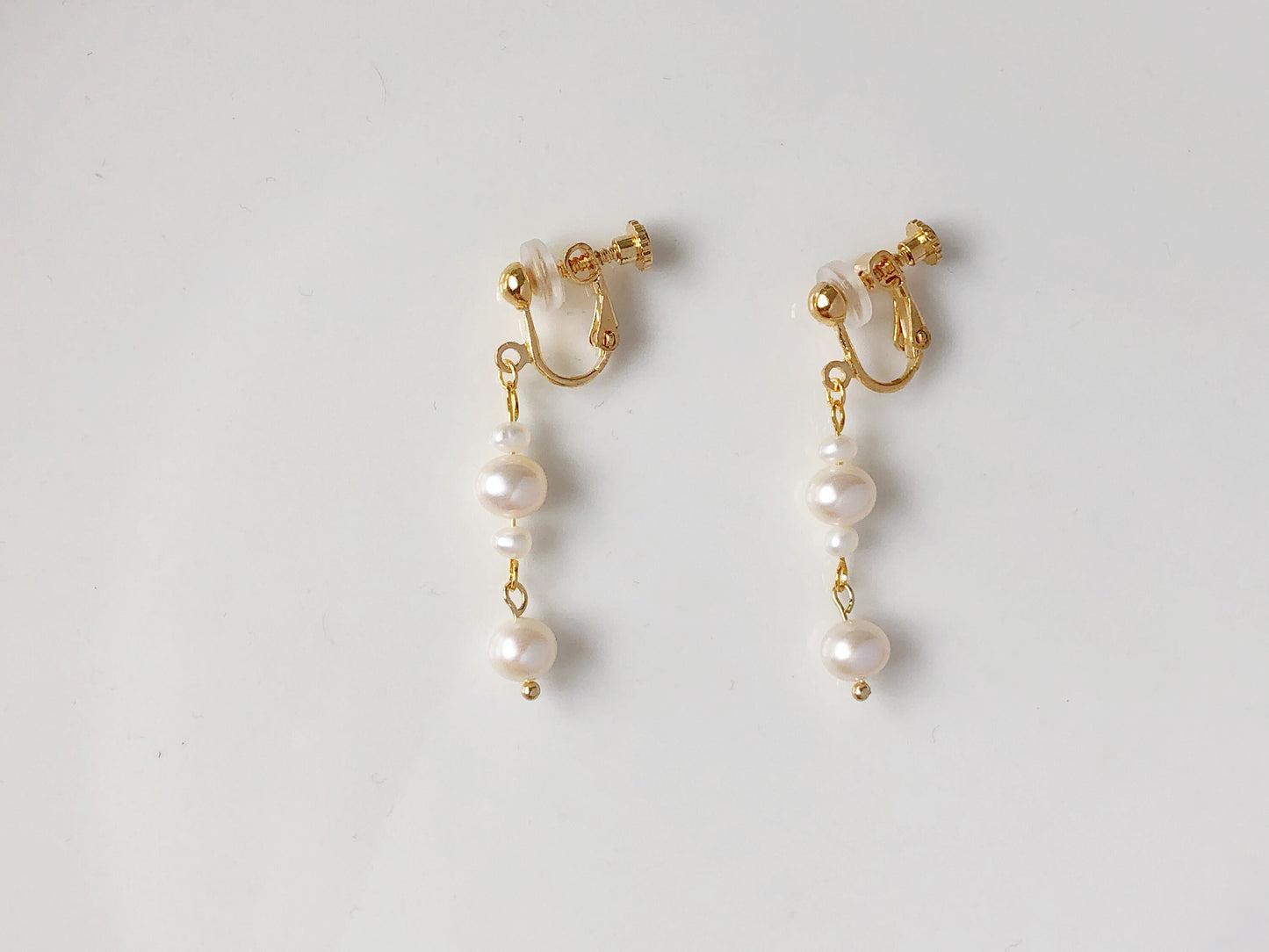 White freshwater pearl drop Stud / Clip on Earrings, Geometric pendant, Gift for her