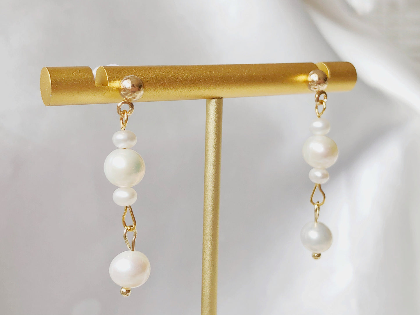 White freshwater pearl drop Stud / Clip on Earrings, Geometric pendant, Gift for her