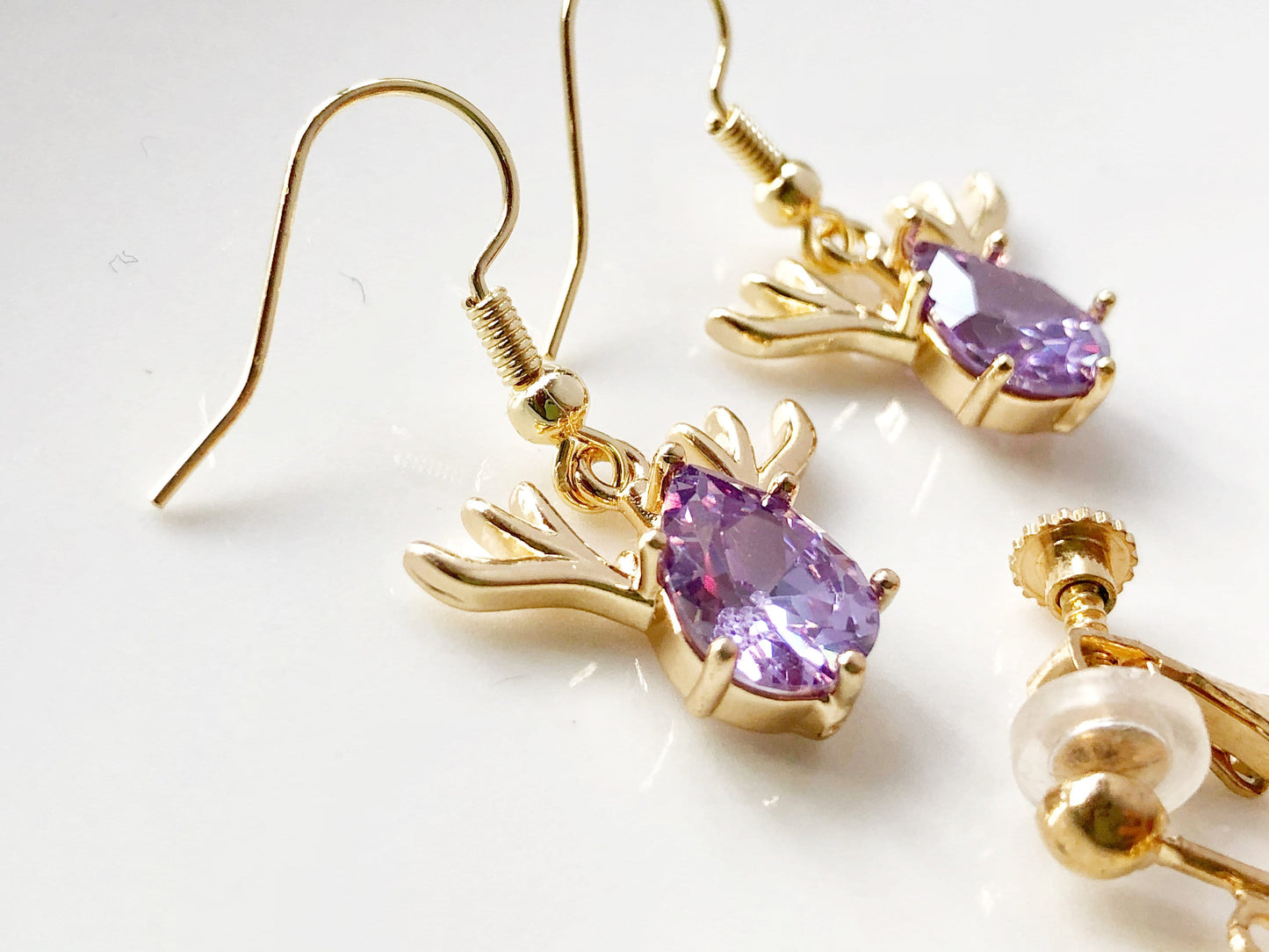 Dainty Faux amethyst quartz purple/ white stud/ clip on earring, Cute Xmas deer dangle earrings, Christmas gift for her