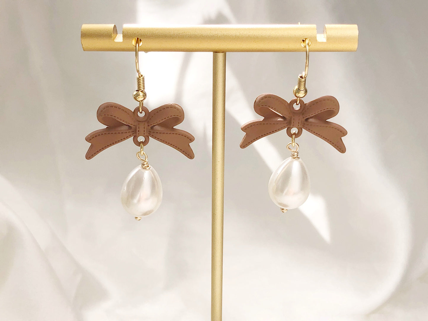 Brown bowknot and Faux teardrop Pearl stud / clip on Earrings, Gift for her