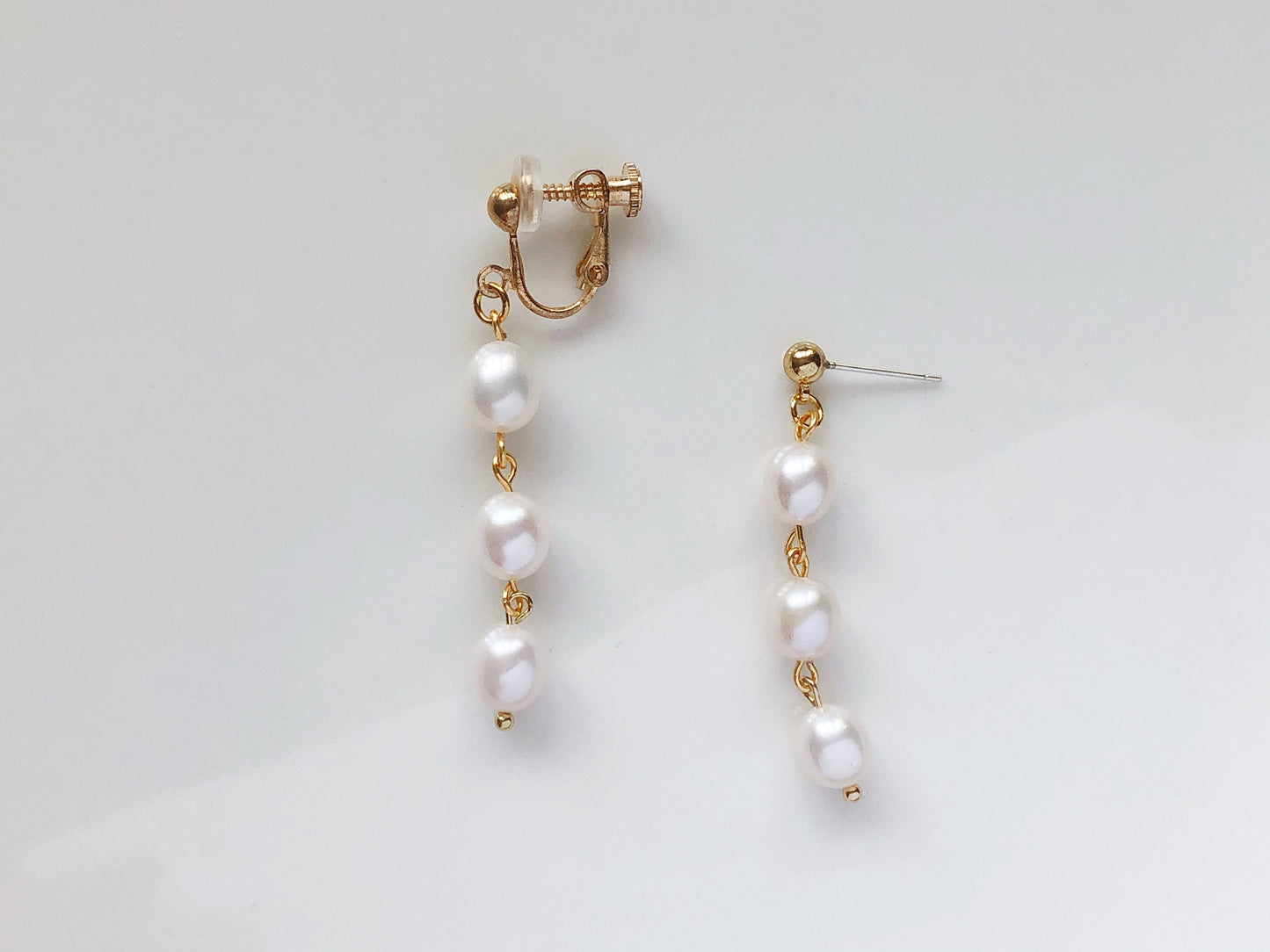 Triple white freshwater oval pearl drop Stud / Clip on Earrings, Geometric pendant, Gift for her