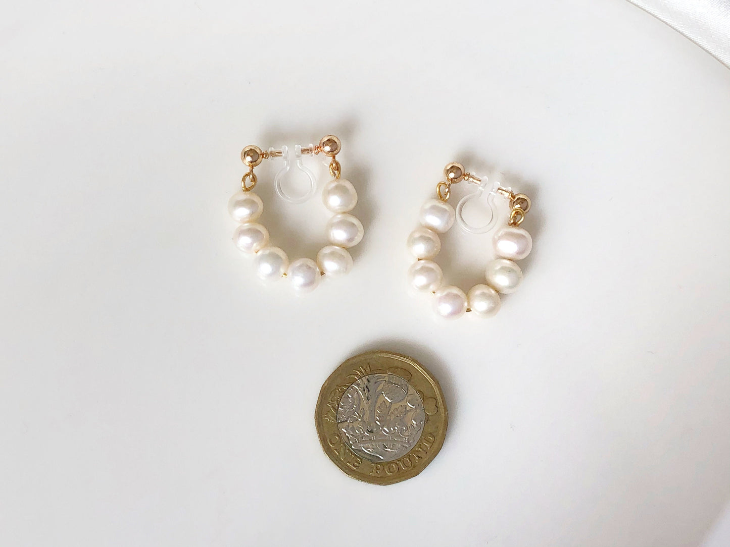 Dangle white wreath freshwater pearl drop Clip on Earrings, Gift for her