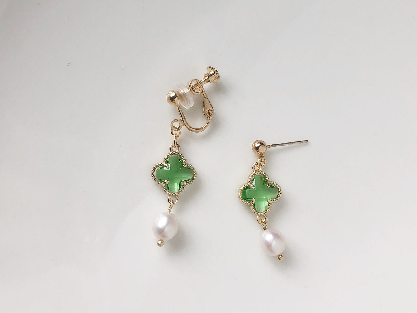 Four Leaf Clover and freshwater pearl earrings, Drop Dangle Earrings, gift for her