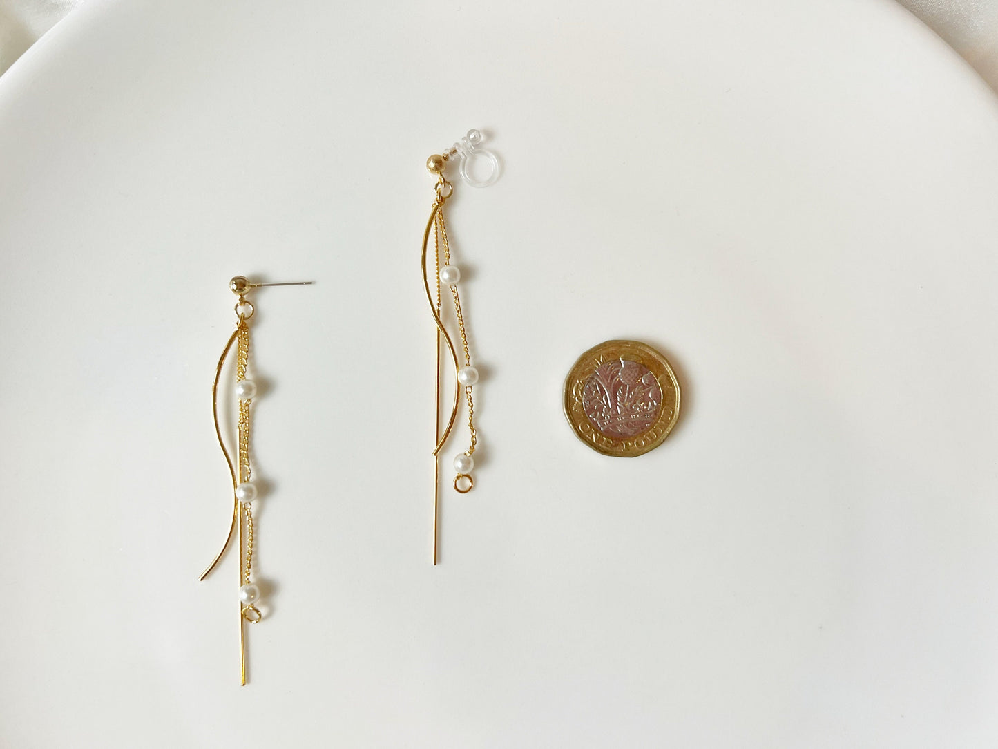 Dainty Gold or Silver Tassel Earrings | Faux Pearl Clip On or Stud | Long Drop Gift for Her | Minimalist Bridesmaid Jewellery