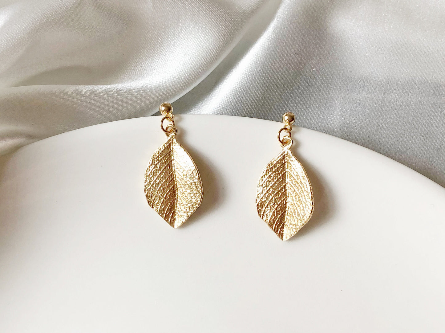 Gold colour leaves clip on/ stud Earrings, Gold plated Dainty dangle pendant, Gift for her