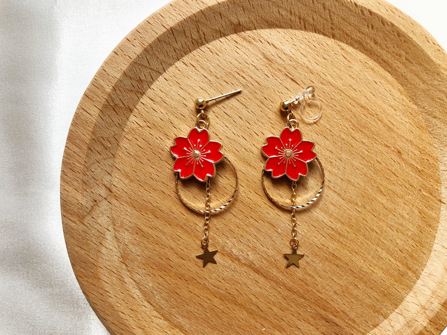 Sakura Cherry Blossom Earrings | Enamel Floral Jewellery | Clip On or Stud | Spring Gift for Her | Non Pierced Option