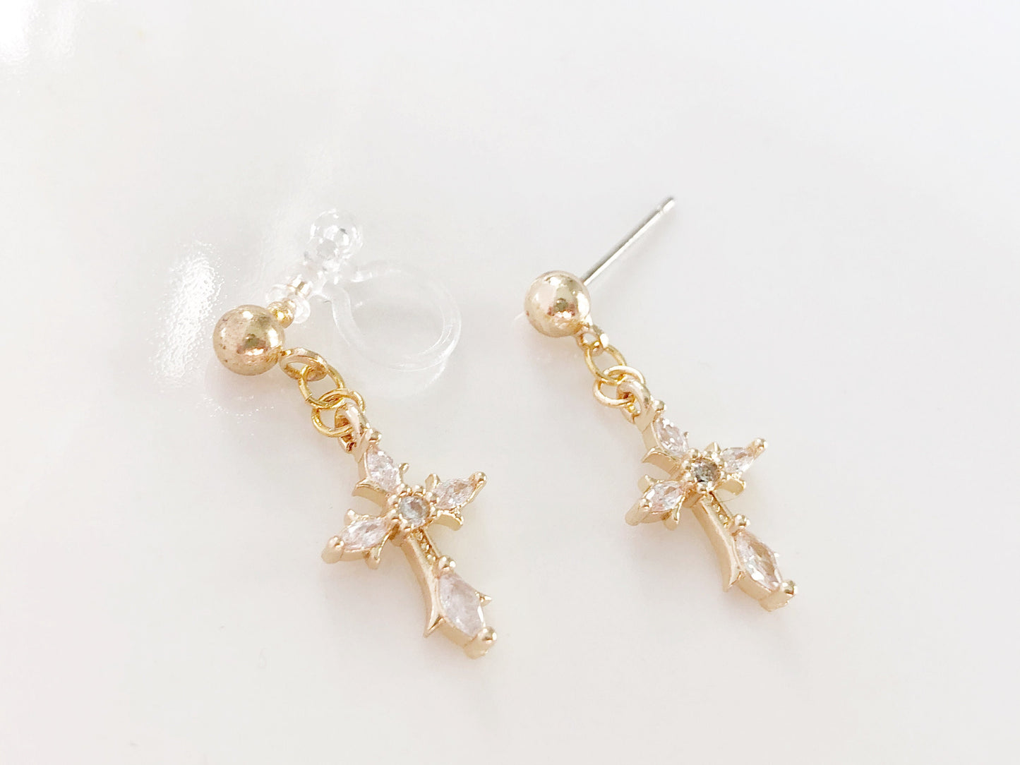 TINY Gold colour Dangle Cross Hook Earrings, Dainty cross earrings