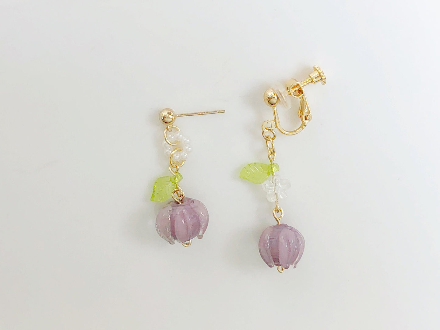 Mismatched purple flower earrings, clip-on/stud Fruit and leaves earrings, Special gift for her
