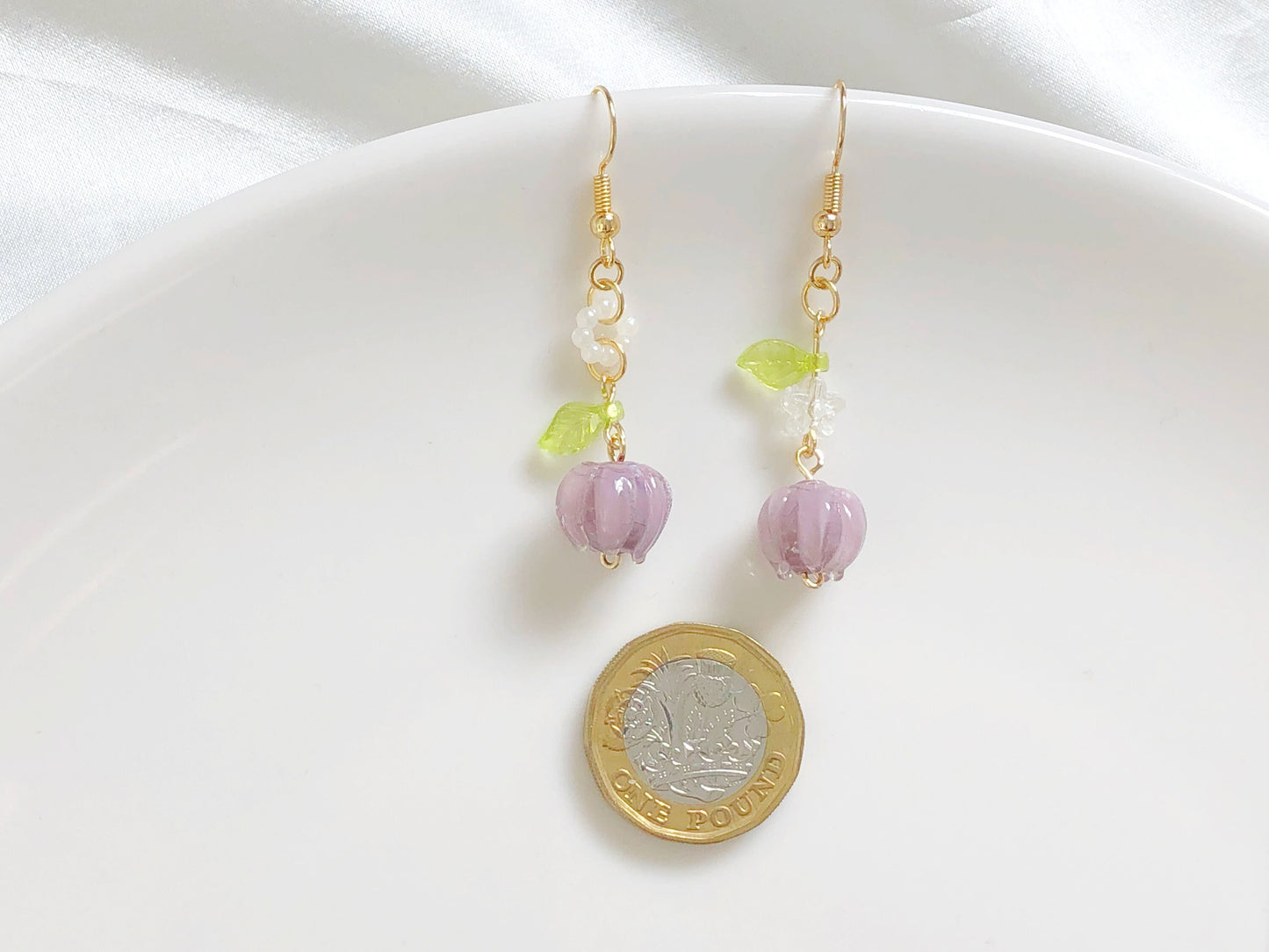 Mismatched purple flower earrings, clip-on/stud Fruit and leaves earrings, Special gift for her