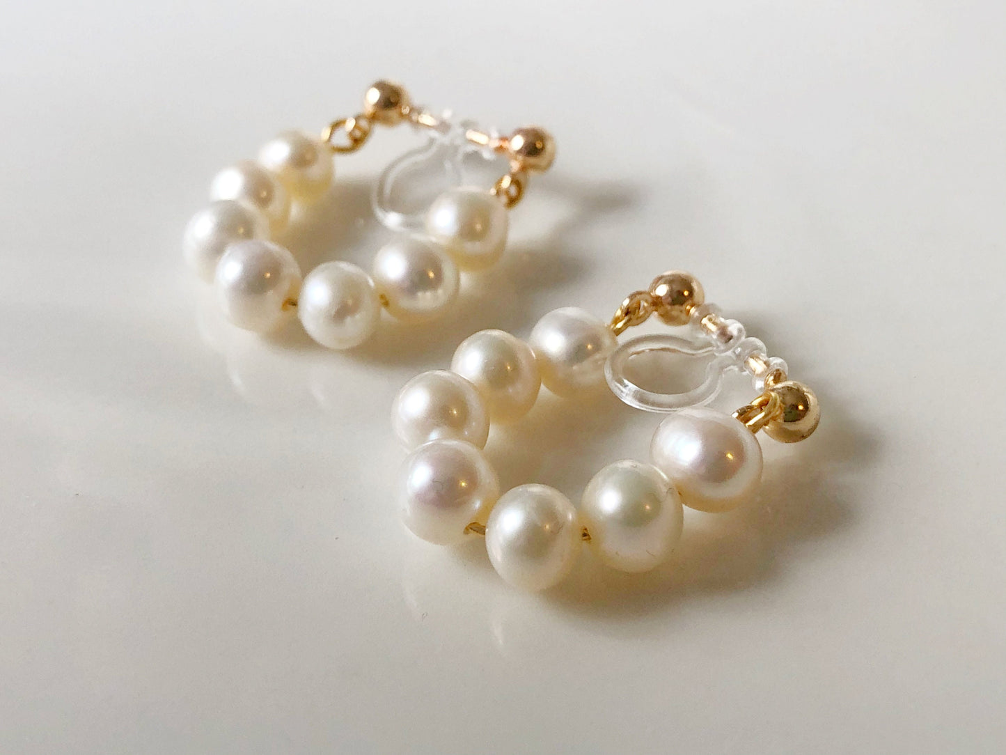 Dangle white wreath freshwater pearl drop Clip on Earrings, Gift for her