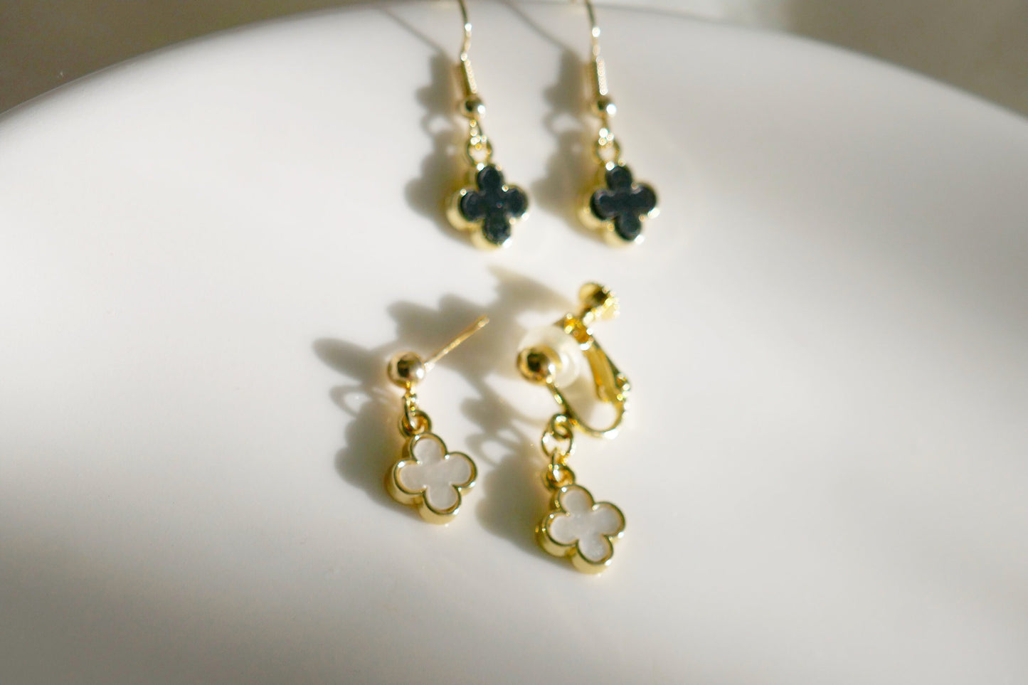 White & Black Four Leaf Clover Earrings | Dangle Drop Jewelry | Gift for Her | Handmade Floral Earrings