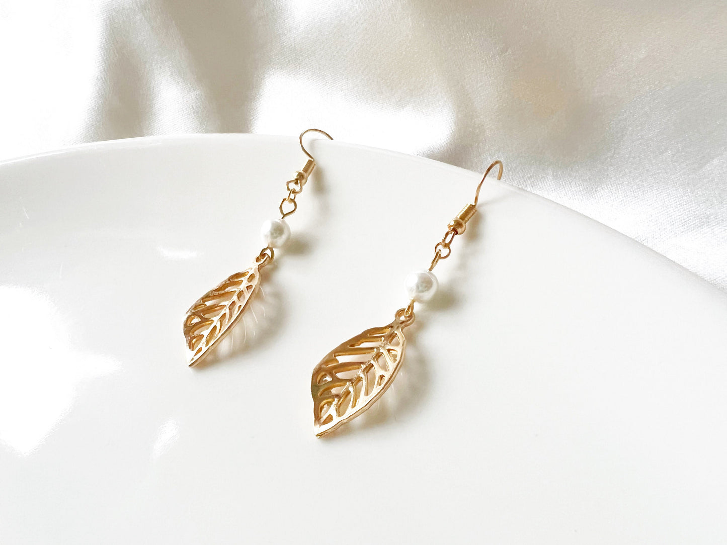 Hollow-out leaves and Faux pearl Clip-on/ stud earrings, Cute handmade gift for her