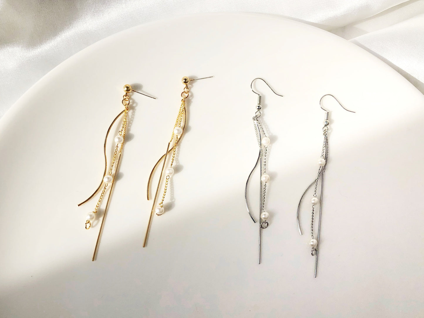Dainty Gold or Silver Tassel Earrings | Faux Pearl Clip On or Stud | Long Drop Gift for Her | Minimalist Bridesmaid Jewellery