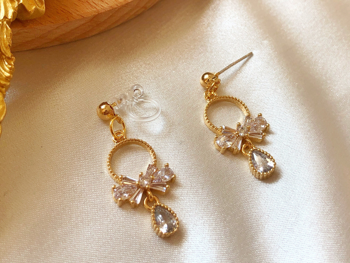 Delicate bow and teardrop stud/ clip on Earrings, dainty women earrings, gift for her