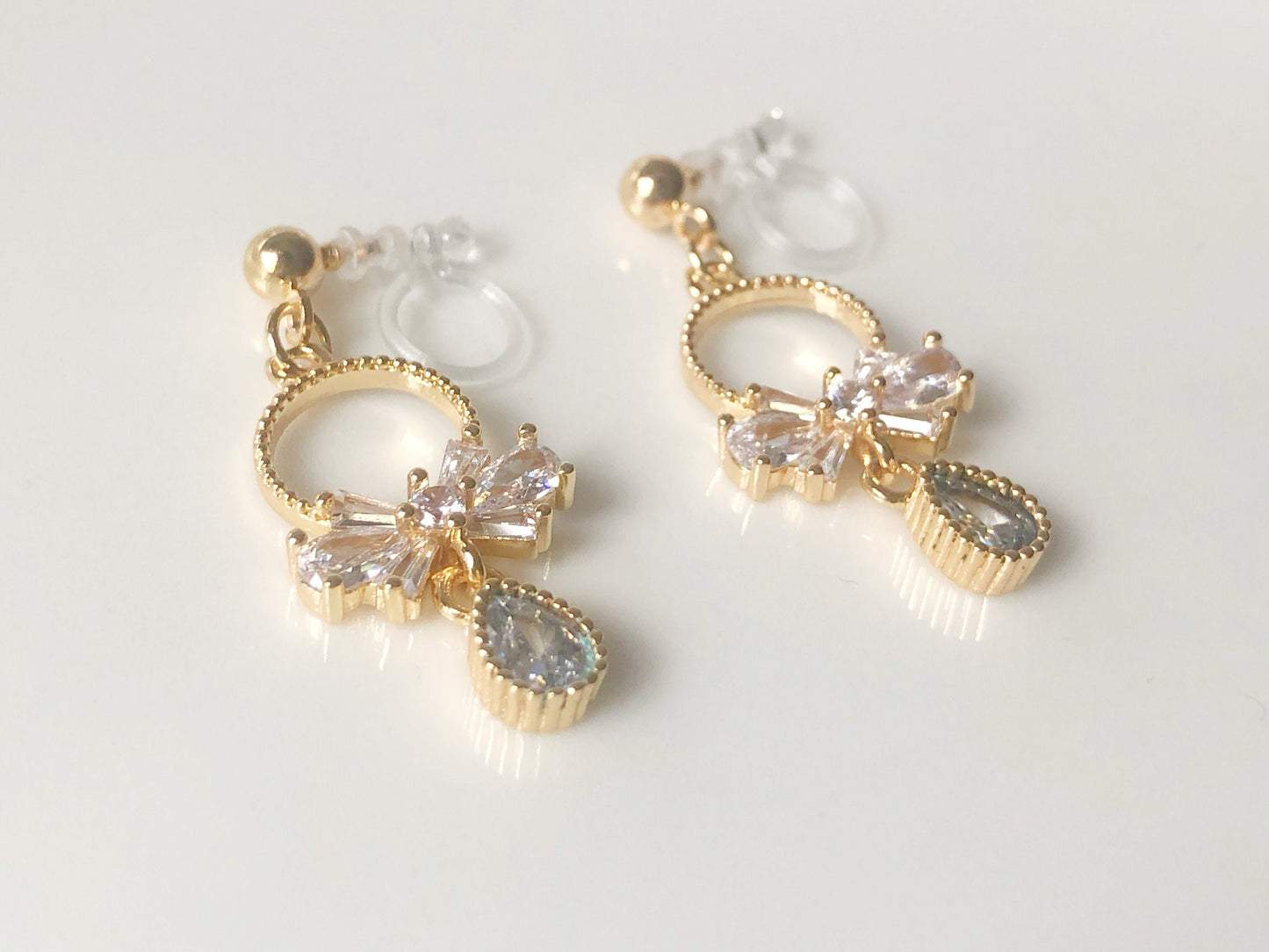 Delicate bow and teardrop stud/ clip on Earrings, dainty women earrings, gift for her