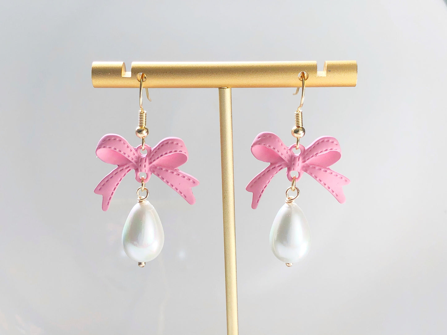 Brown bowknot and Faux teardrop Pearl stud / clip on Earrings, Gift for her