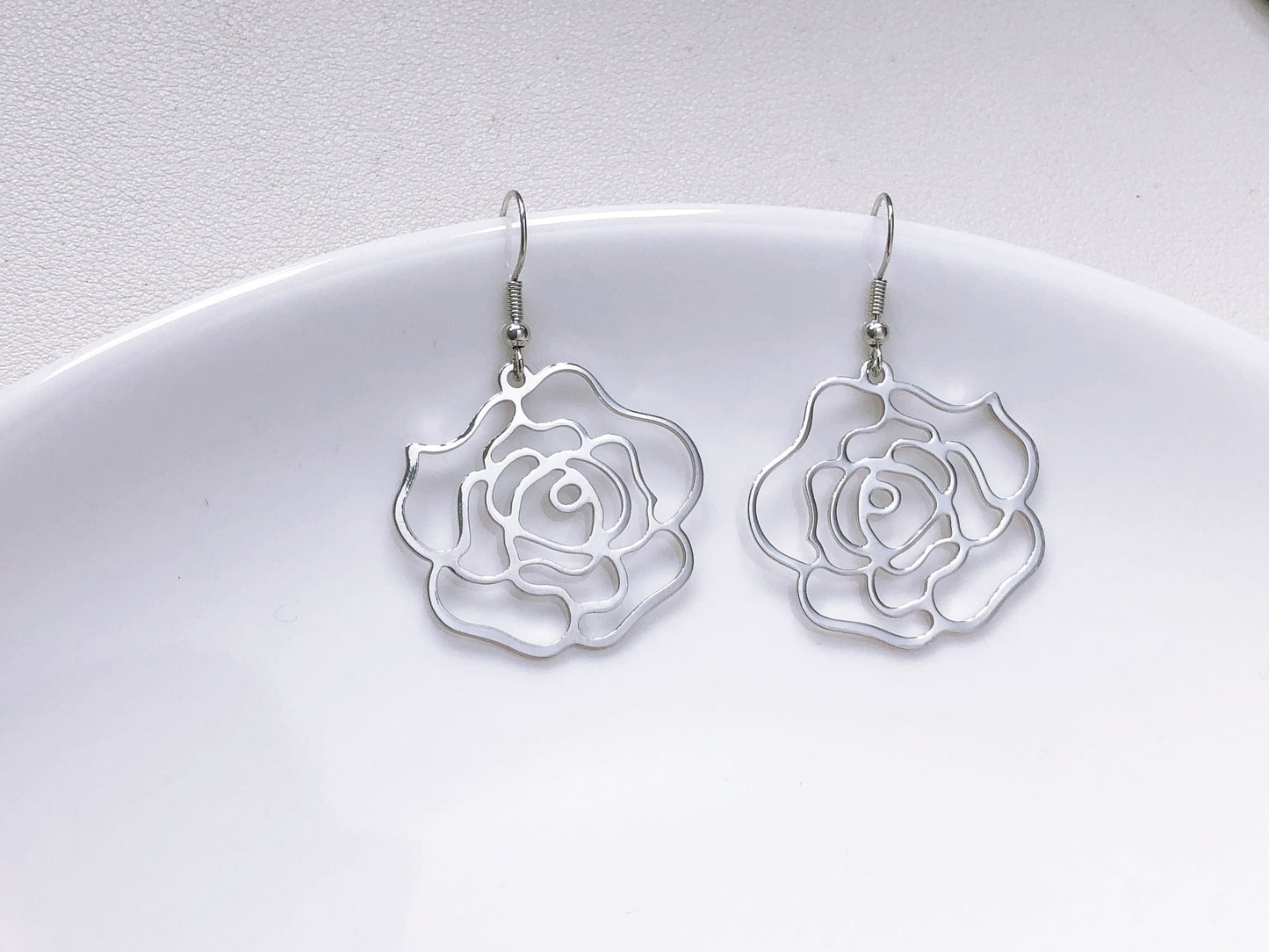 Gold Hollow out Rose stud/ clip on Earrings, Hollow Flower Statement Drop Charm Pendants