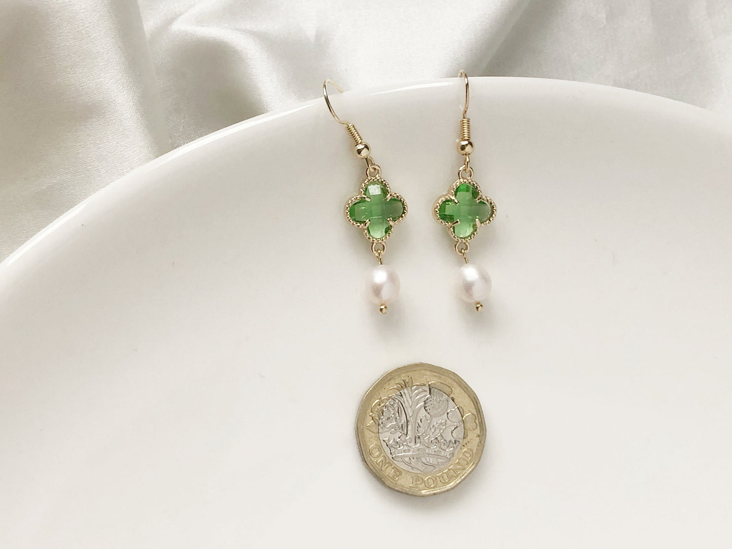 Four Leaf Clover and freshwater pearl earrings, Drop Dangle Earrings, gift for her