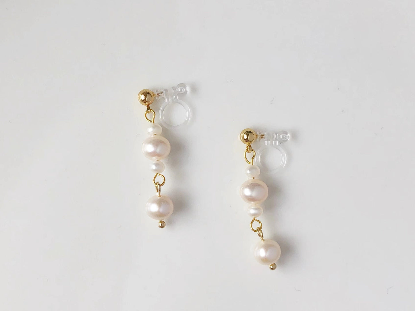 White freshwater pearl drop Stud / Clip on Earrings, Geometric pendant, Gift for her