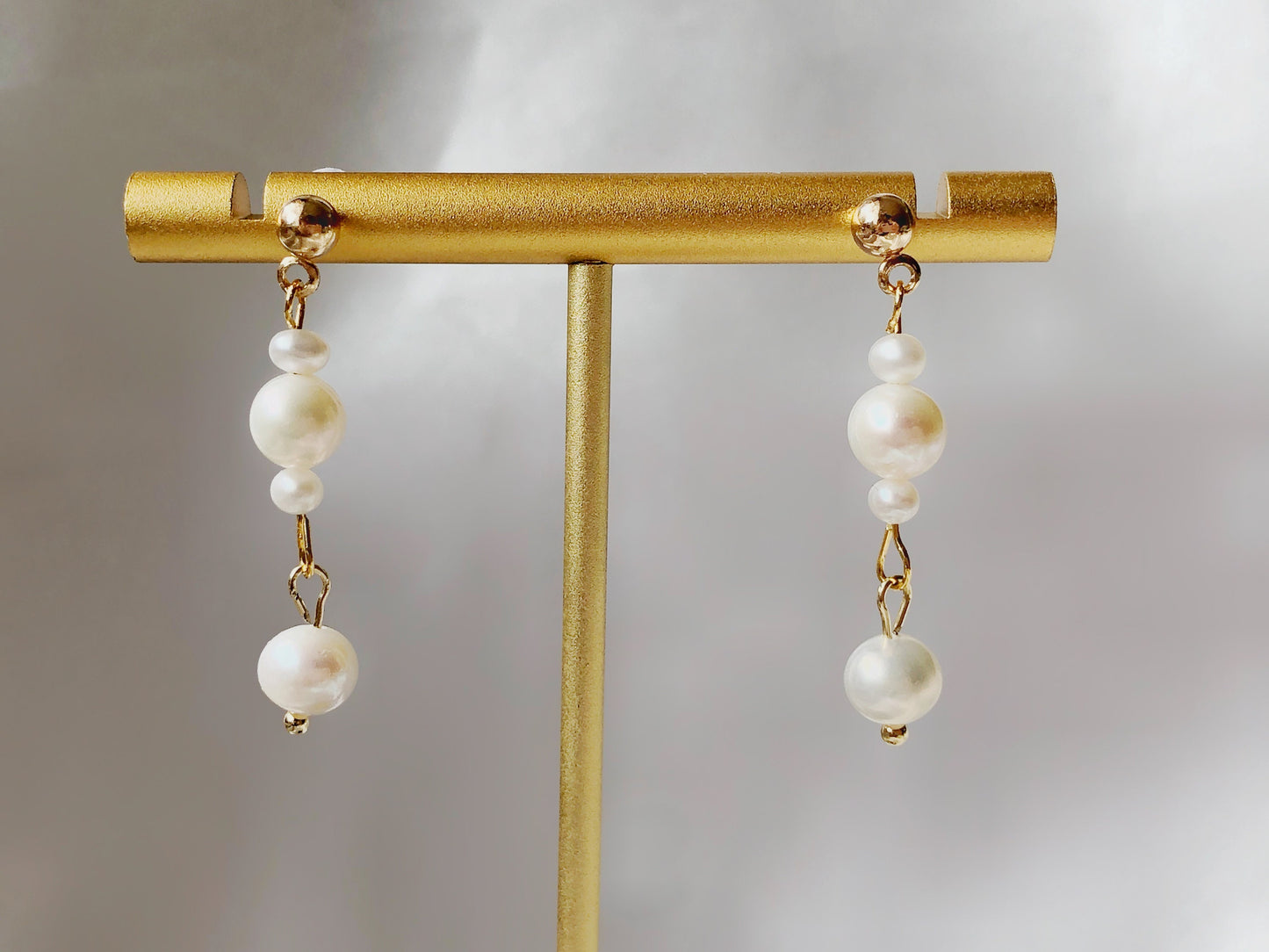White freshwater pearl drop Stud / Clip on Earrings, Geometric pendant, Gift for her