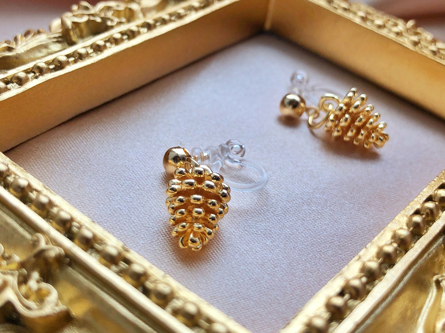 Pinecone clip on/ hook Earrings, Gold plated Dainty dangle pendant, Gift for her